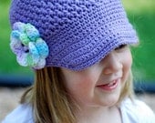 Newsboy Hat for Girls Cotton - Purple with Pastel Mix Flower - available in Four Sizes