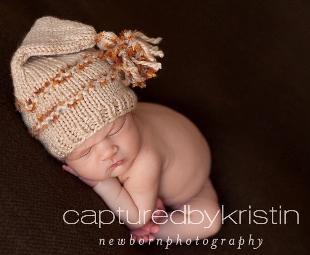 Boy Photo Prop Newborn Hat Pixie Style Beige with Novelty Yarn Stripes and Tassel