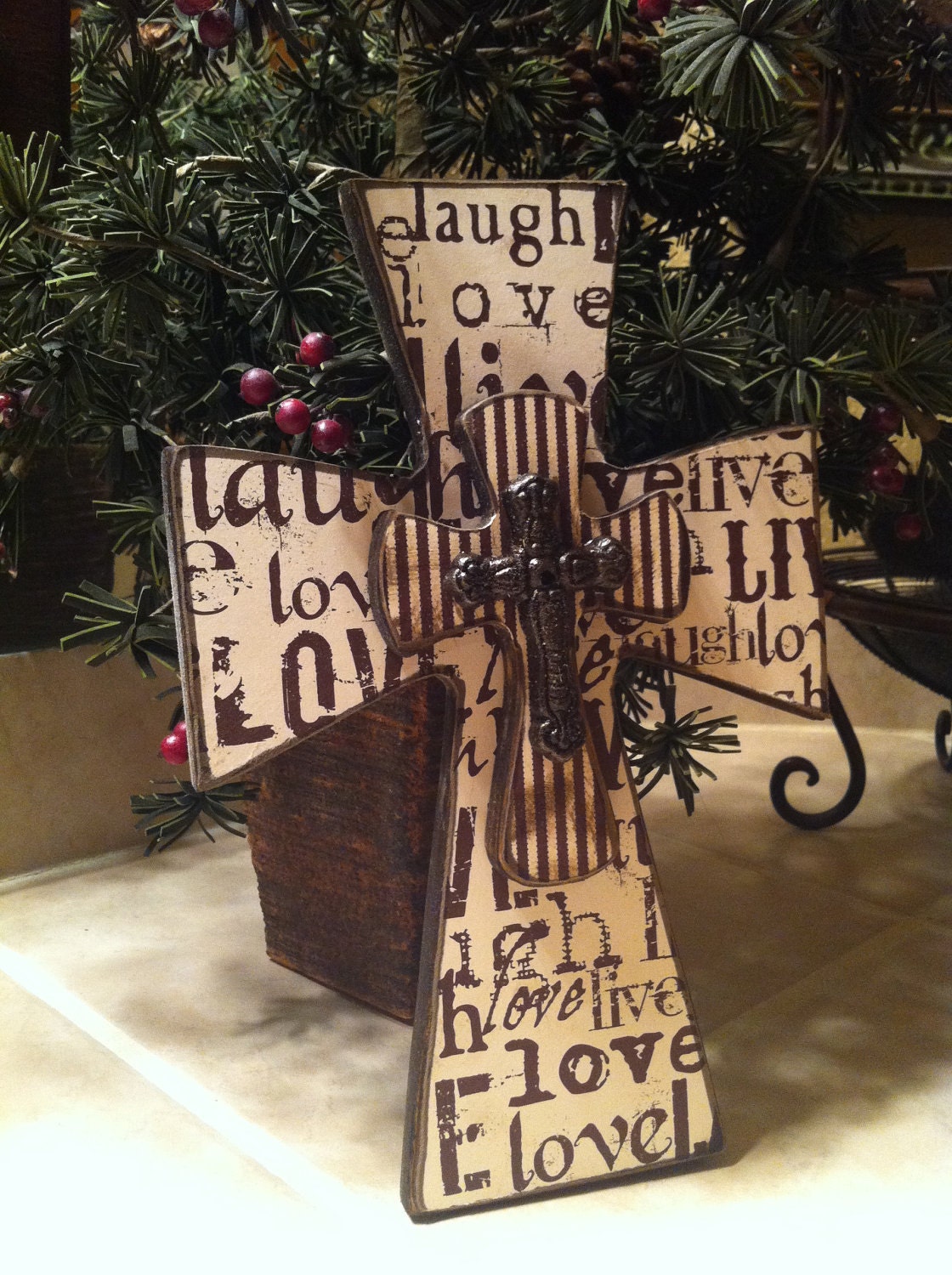 Small Brown and Creme Wood CrossLive Laugh Love