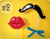 Plastic Mustache and Lips on a stick - Set of 2 - Wedding , birthday party photobooth , photography props