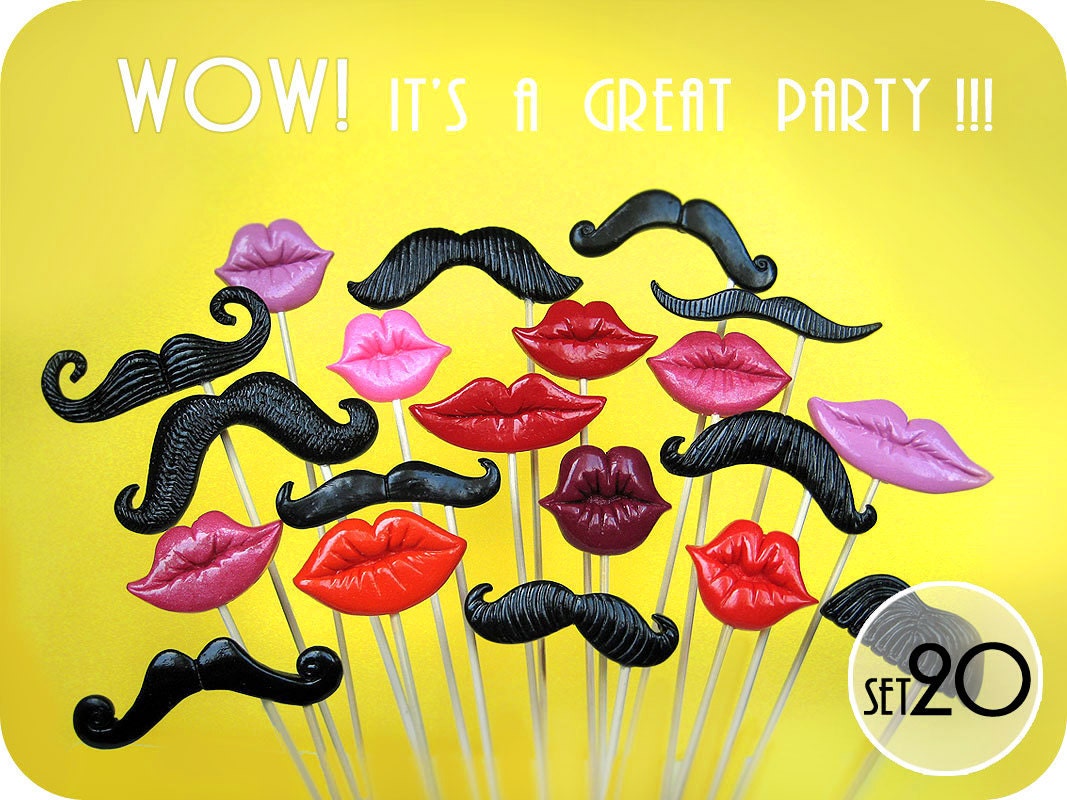 Set of 20- Plastic Mustaches and Lips  on a stick