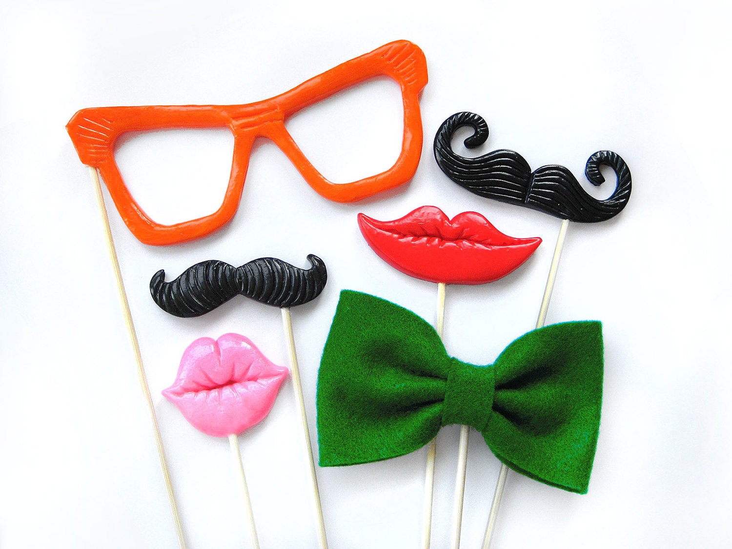Plastic  Mustaches,Lips, glasses and bow tie on sticks - Set of 6 - Wedding photobooth props