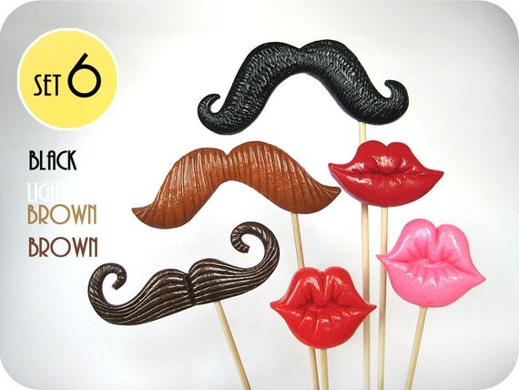 Plastic Mustaches and Lips on sticks - Set of 6 - Multicolor and mix style- Wedding photobooth props