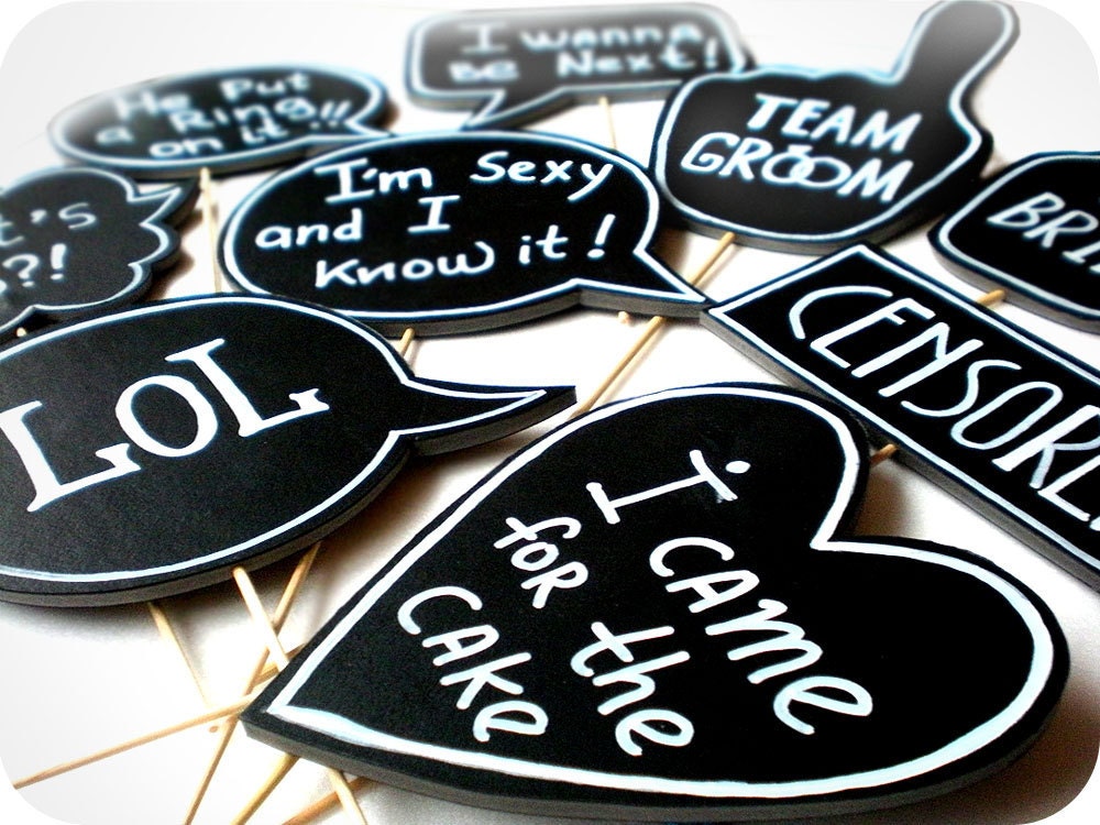 Photobooth Props - Wedding Signs with TEXT - Mix of small signs on sticks - Set of 9 photobooth signs