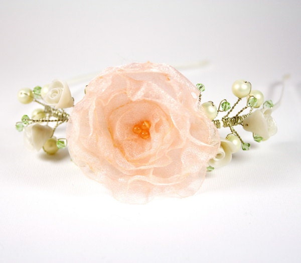 Floral Bridal asymmetry tiara Wedding hair accessories Peach pink silk Flower Polymer roses Swarovski Glass pearls headband Made in Israel
