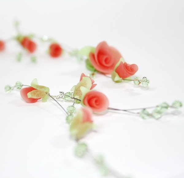 Bridal necklace - Wedding necklace and earrings jewelry set - Coral Pink Roses and green crystals - Polymer clay Israel