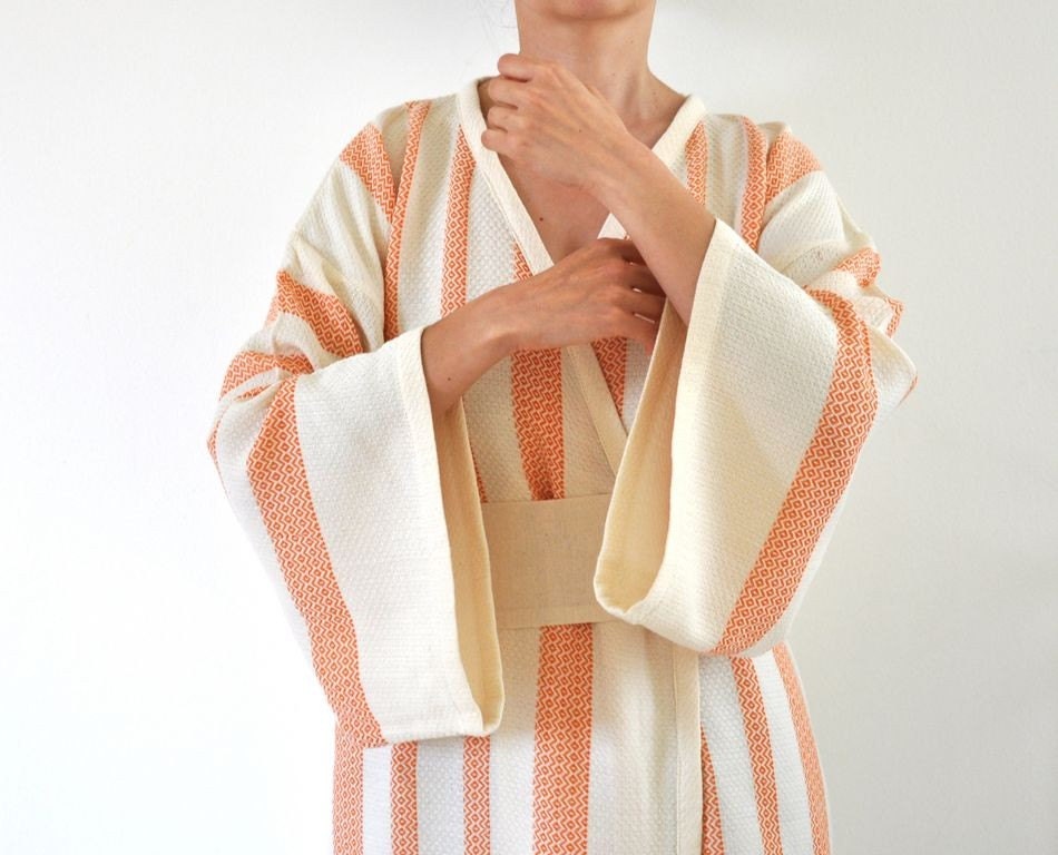 Robe Kimono Robe Peshtemal Robe Eco Friendly Extra Soft Cotton Wearable Turkish Bath Towel Caftan Obi Belt Ivory Orange Coral
