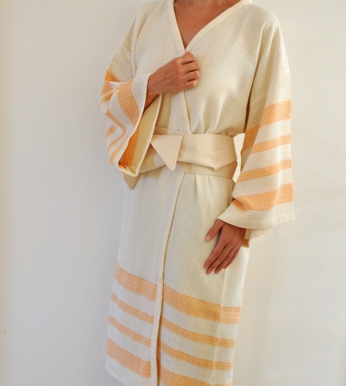 Robe Peshtemal Bath Robe Kimono Robe Caftan Turkish Bath Towel Long Extra Soft Cotton Obi Belt Ivory Orange Coral Eco Friendly Gifts