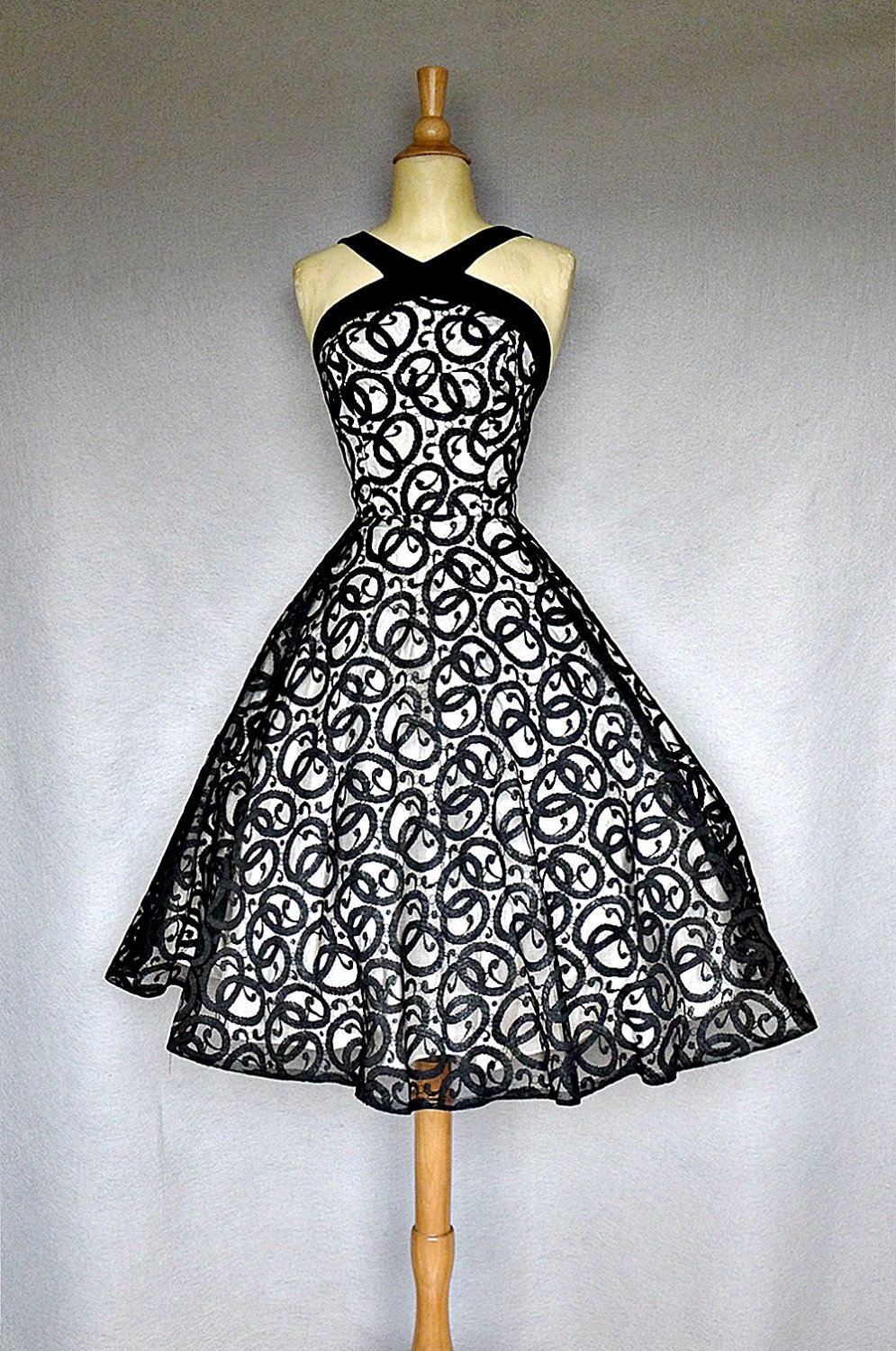 50s party dress / black illusion lace 1950s dress