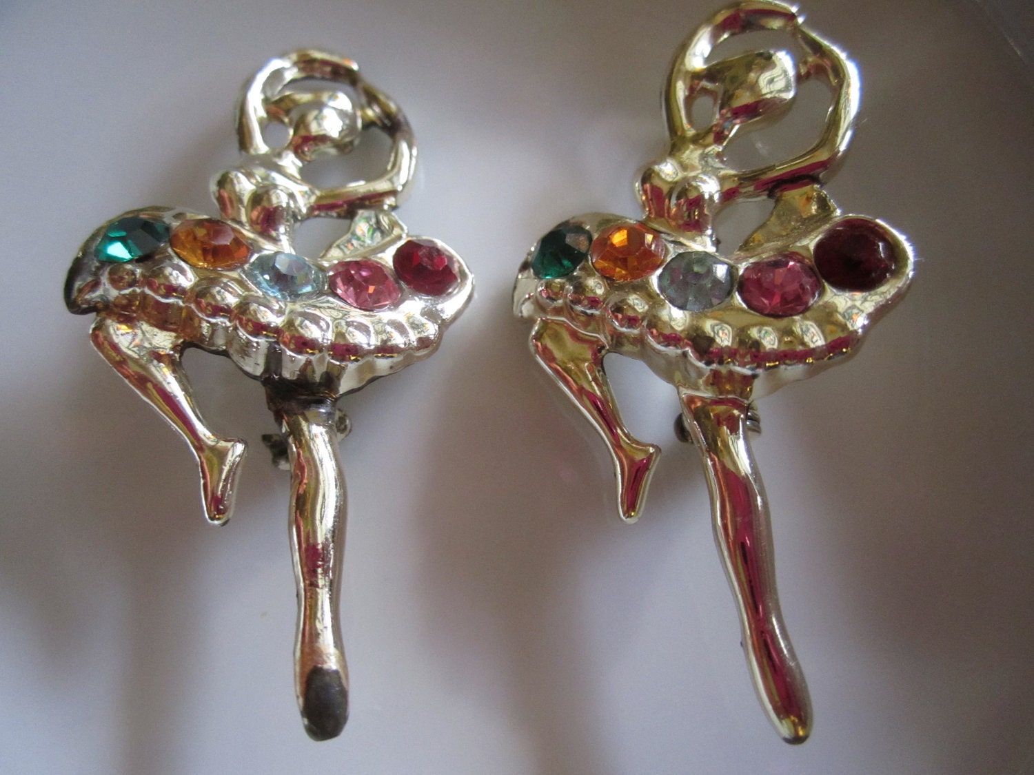 Rhinestone Ballerina Brooch Pair Gold tone 1950s