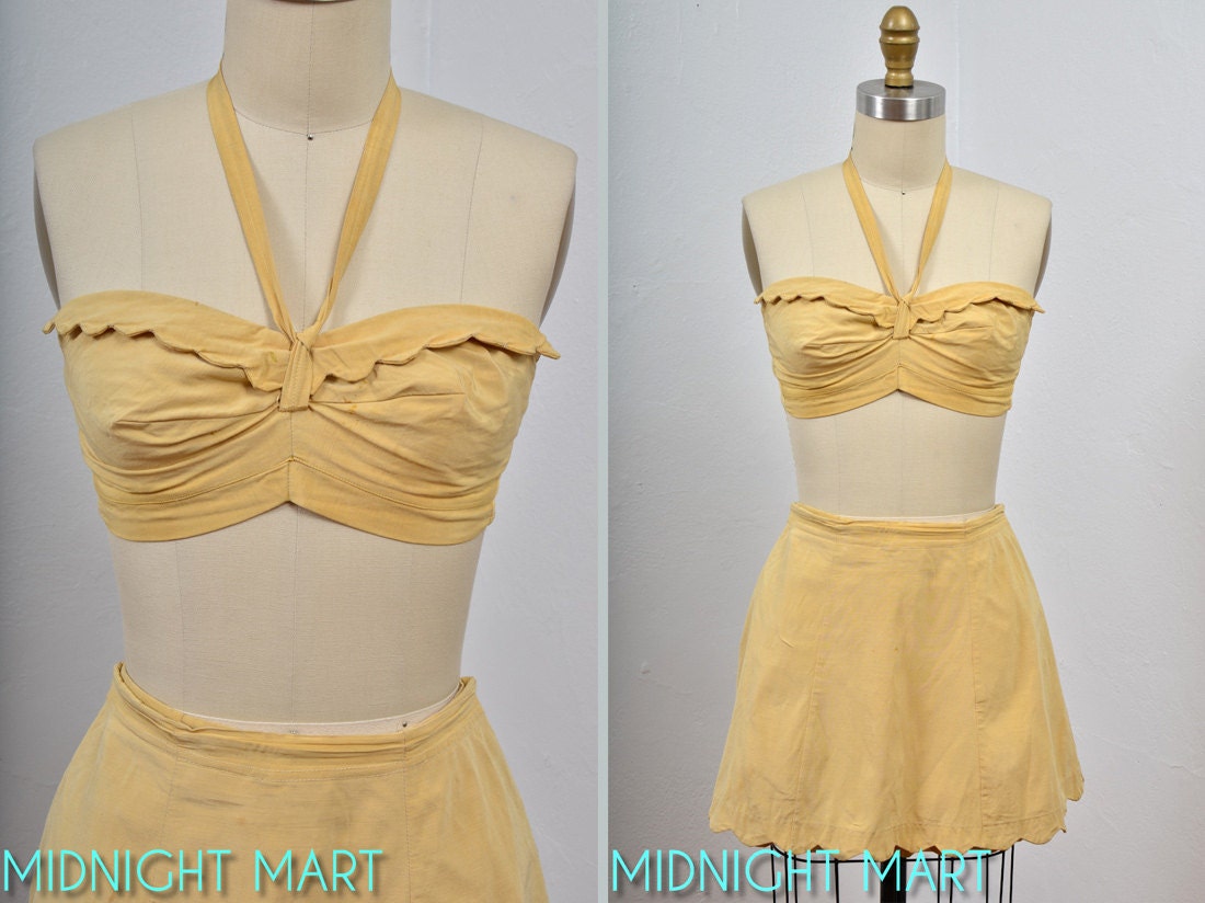 1940s bikini/ 40s Catalina swimsuit/ scalloped skirt
