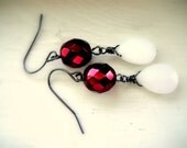 Red, White Earrings - Red Wine Czech Glass and White Tear Earrings - Valentine