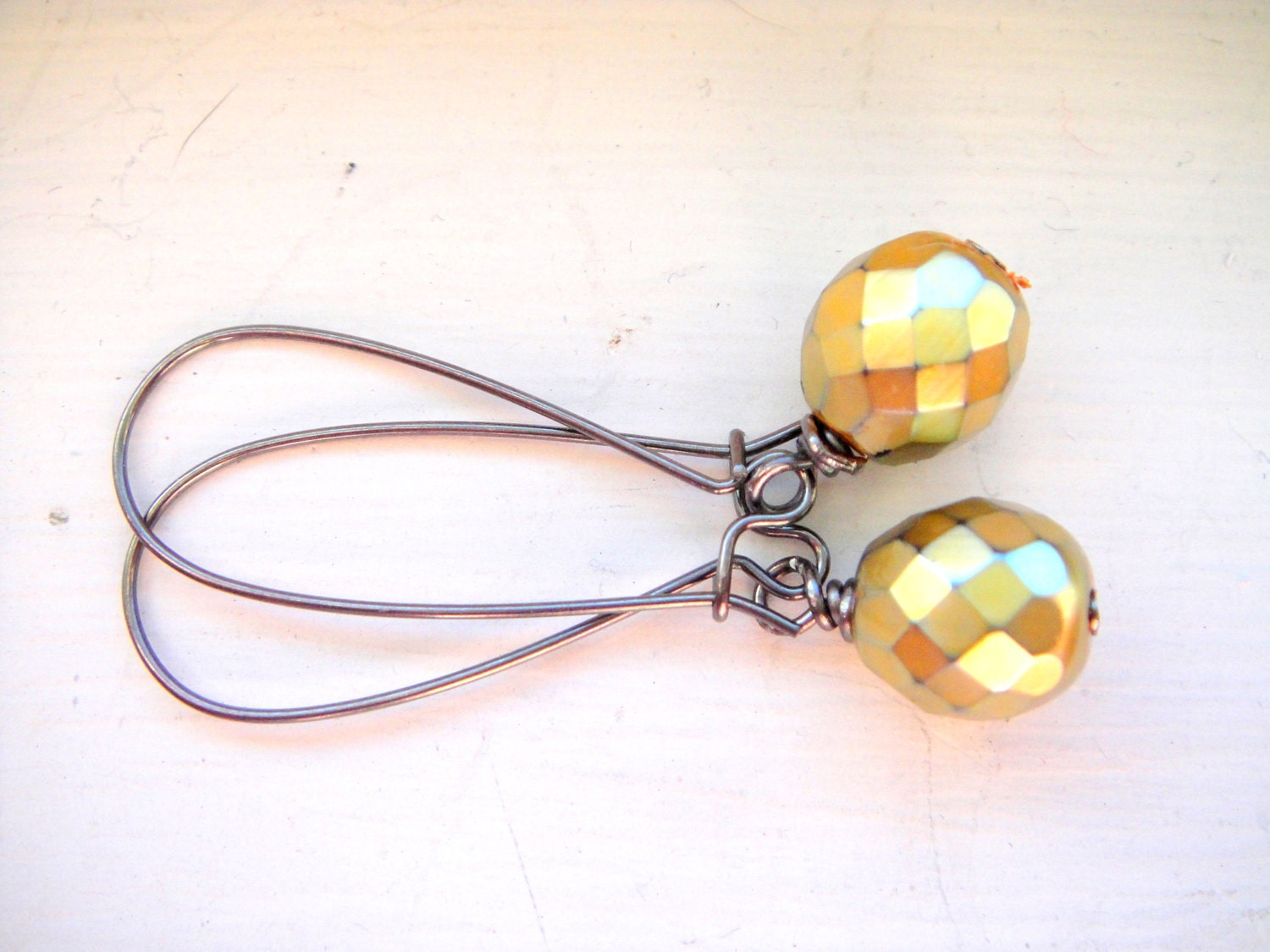Gold Earrings, Gold Czech Glass Bead and Gunmetal - Golden Earrings.