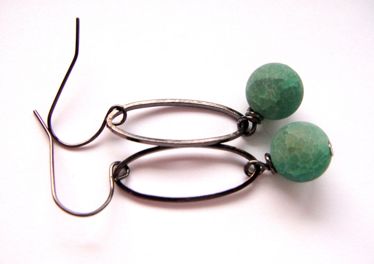 Green Earrings -  Hunter Green Agate and Gunmetal Hoop Earrings. Gunmetal Earrings.