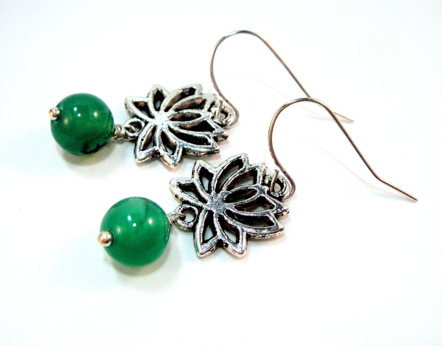 Green Earrings, Lotus Charm Connectors to Teal Green Agate - Lotus Earrings.
