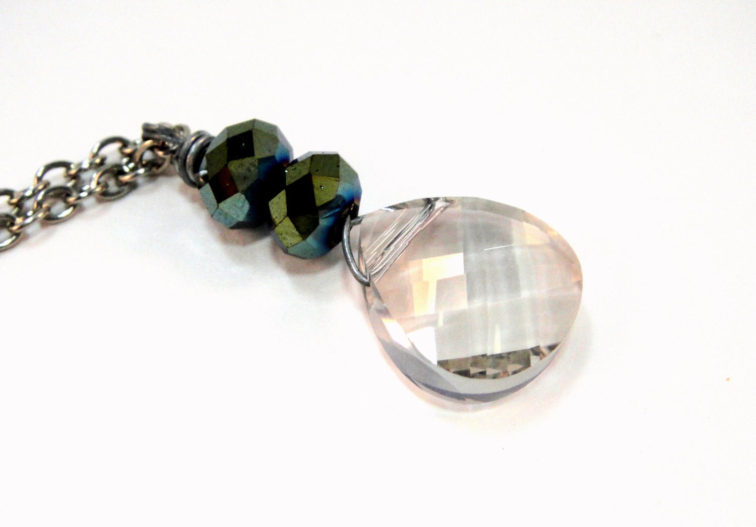Crystal Necklace in Clear and Deep, Metallic Blue Pendent - Think Of A Wonderful Thought