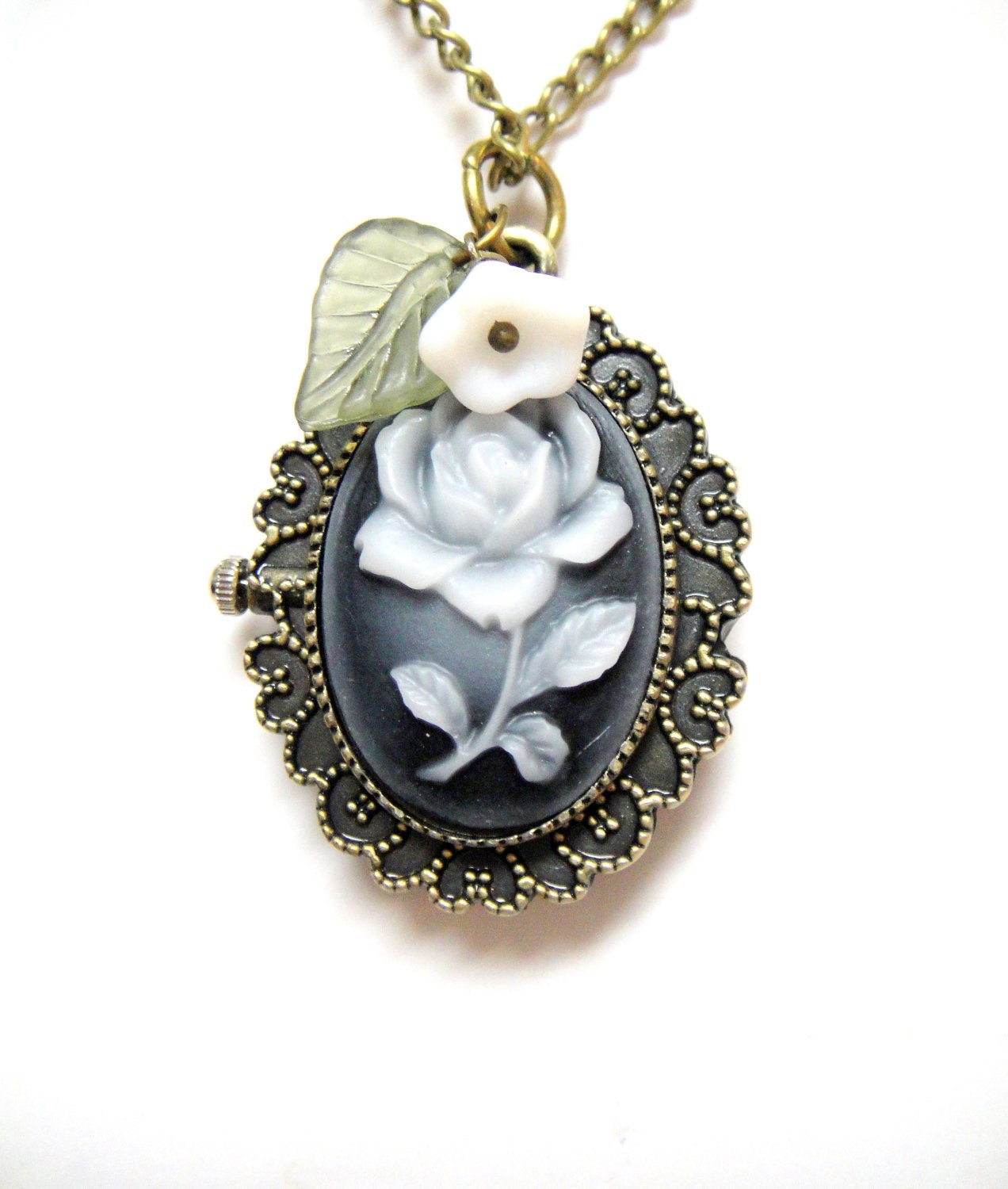 Flower Pocket Watch -  Blue Flower Watch, White Flower, Leaf Accent - Flower Necklace Pocket Watch