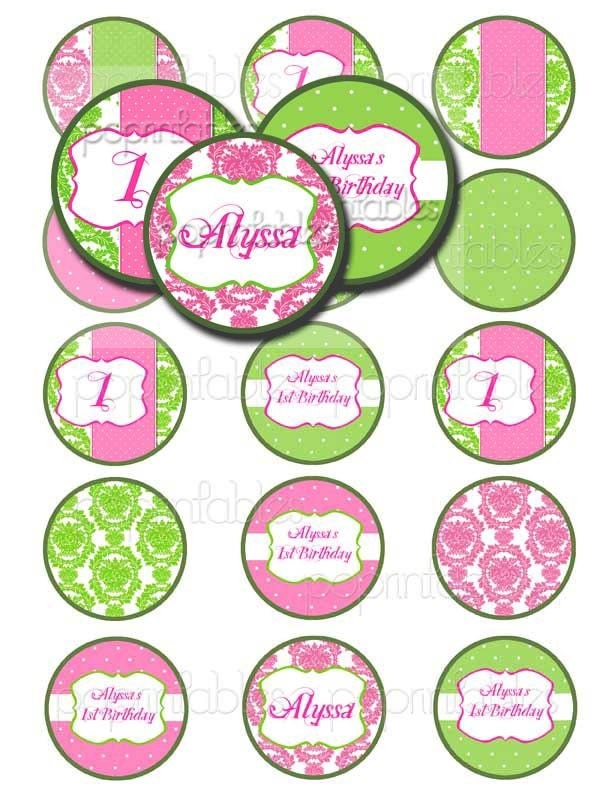 Lily Collection - PERSONALIZED Pink and Green Damask Party Circles - Cupcake Toppers - Tags - Printable