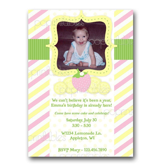 Strawberry Lemonade - Girls Birthday Party Invitation with Photo - Custom Digital - You Print