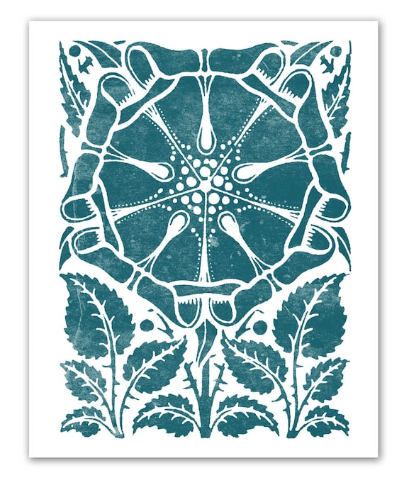 Teal Emerald Dutch Flower - New Fall Colors - Vintage Woodblock with a Modern Twist - 11 x 14