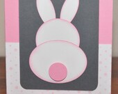 Happy Easter Greeting Card, Bunny, Pink, Grey, Gray, Rabbit, Polka Dots, White, Easter, Spring, Stamped, Blank Inside