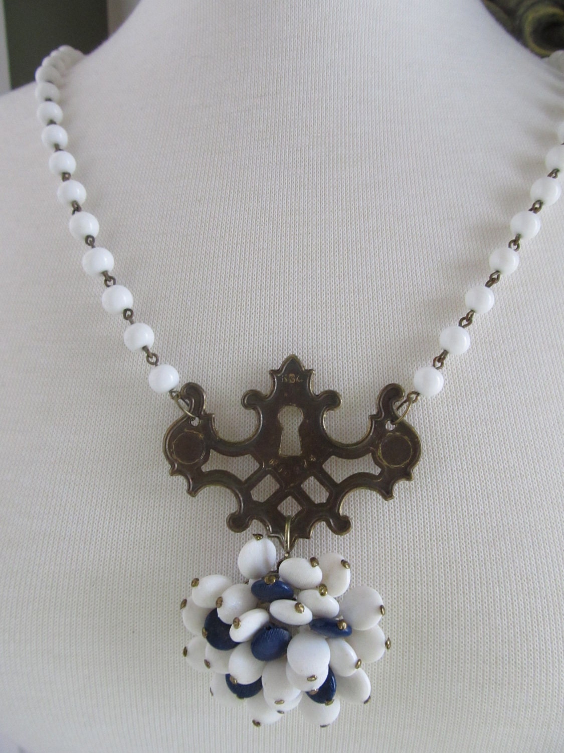 Vintage Necklace--Key Plate with White Bead Chain---Navy and White Cluster Drop. As featured in Country Living Magazine.