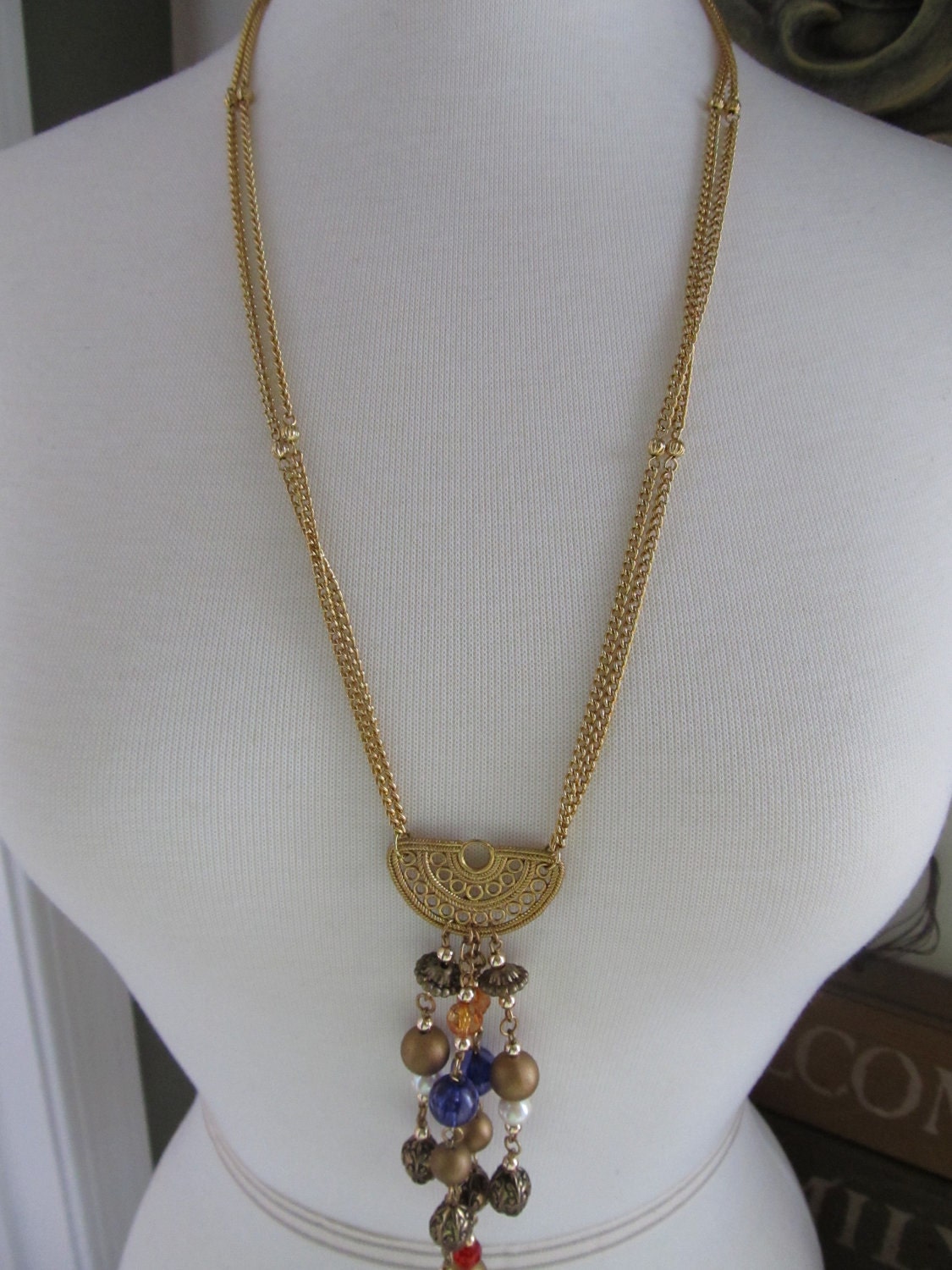Vintage Necklace--Gold Half Moon with Beaded Tassel Drop