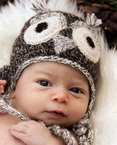 Gray Owl Hat for Baby in Natural Alpaca size Newborn to Three Months Ready to Ship