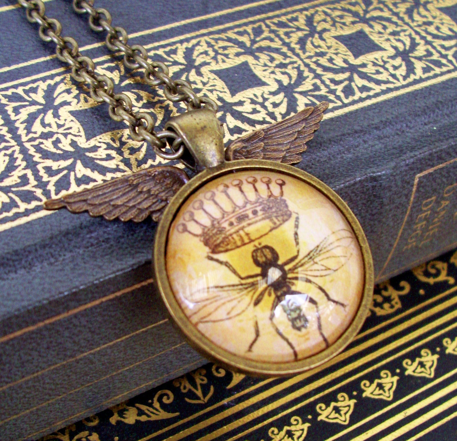 Steampunk Necklace (N84-2) - Victorian / Gothic - Vintage Insect Artwork Under Glass - Winged Pendant - Brass - Chain Included