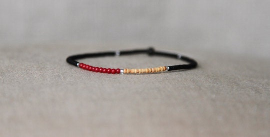 black n coral mens bracelet - very small bead bracelet mens red coral bead, antique sandalwood bead, black and silver glass beads