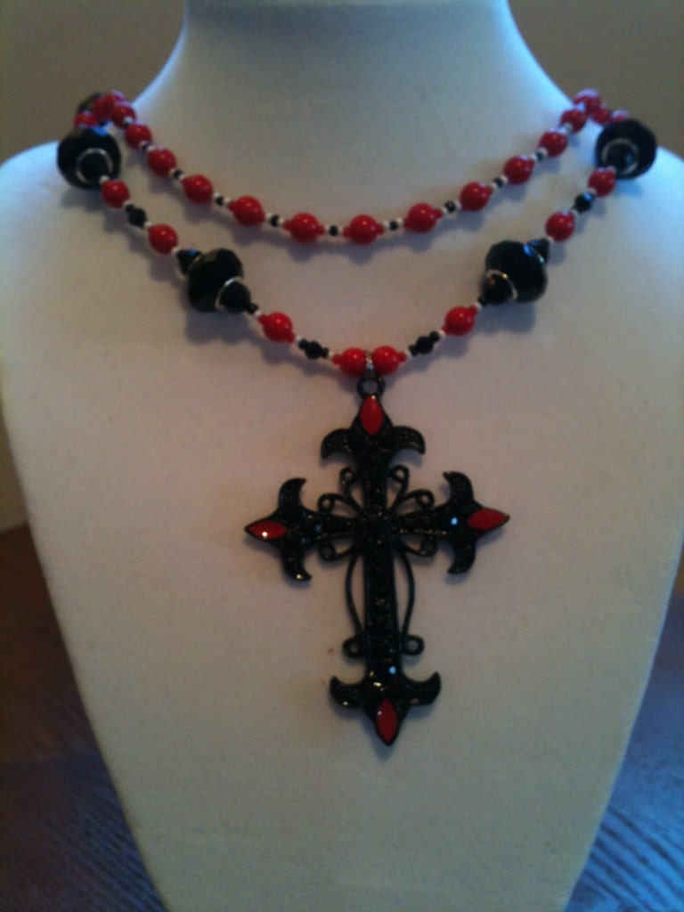 Two tiered Victorian scroll cross necklace in black, red and white