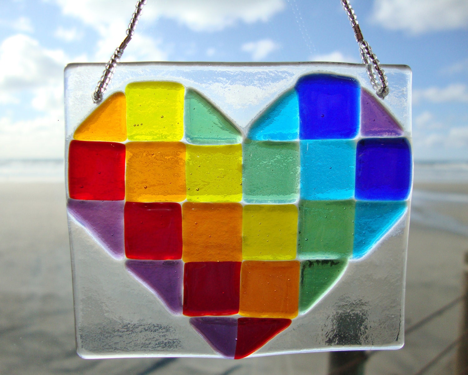 Rainbow Diagonal Stripe Fused Glass Heart Ornament