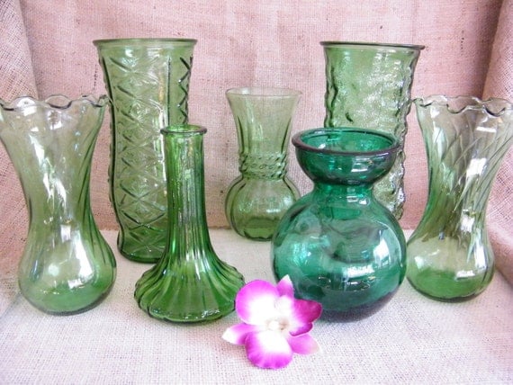Set of 7 Vintage GREEN glass bud vases-Wedding Reception-Special Event-Instant Collection-Garden Theme Party- Vases