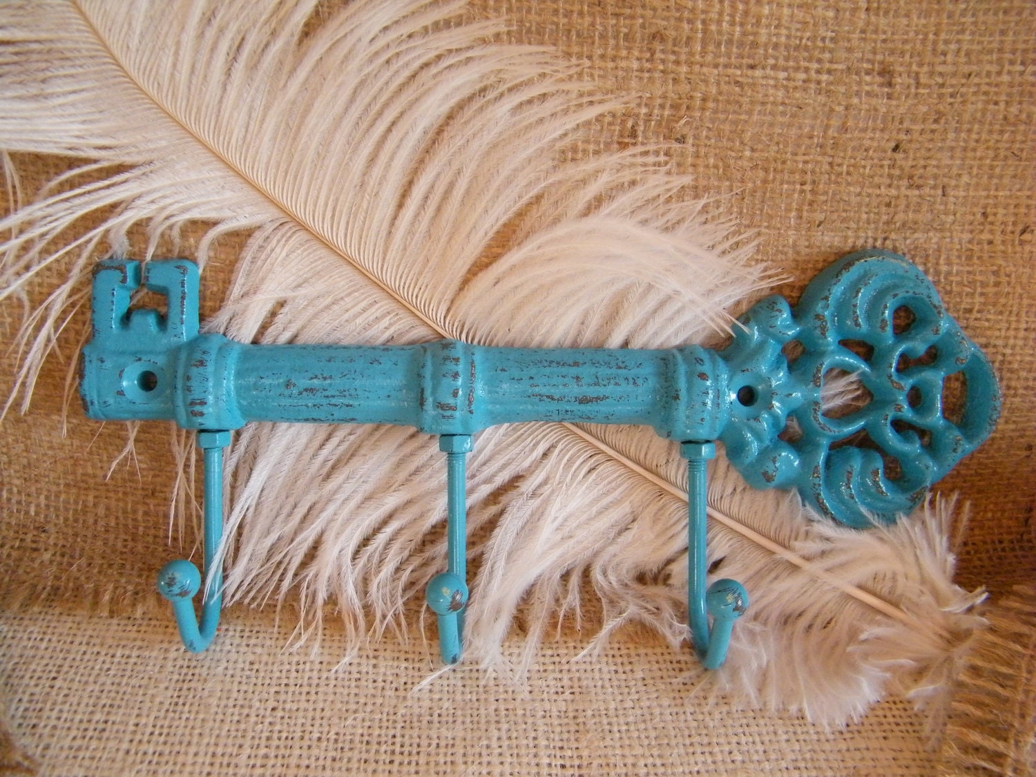 Wall Hook- Key Holder -Jewelry Holder- Deep Turquoise Blue-Skeleton Key -Housewarming gift -Cast Iron-Distressed Chippy