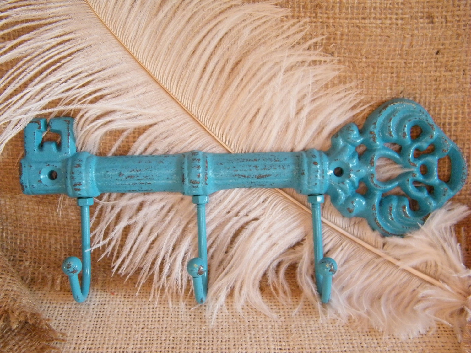 Wall Hook- Key Holder -Jewelry Holder- Deep Turquoise Blue-Skeleton Key -Housewarming gift -Cast Iron-Distressed Chippy