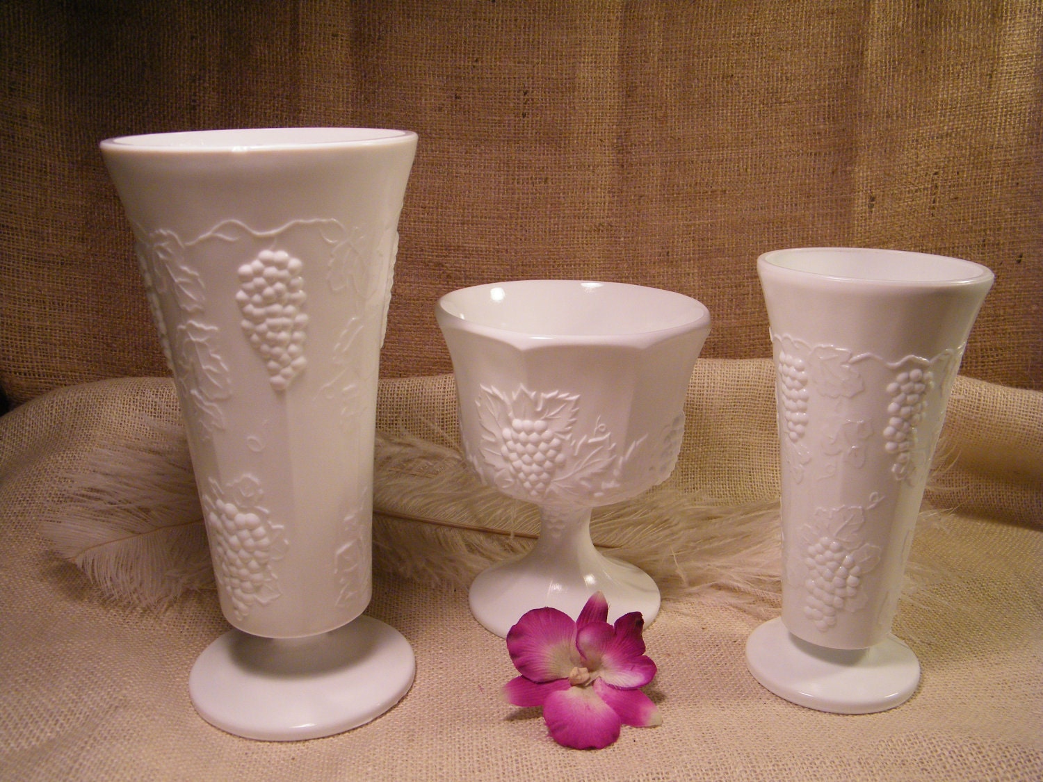 Set of 3 VINTAGE Indiana Harvest White Milk Glass Vases Compote Planter Vases - Vintage Wedding Decoration Centerpieces