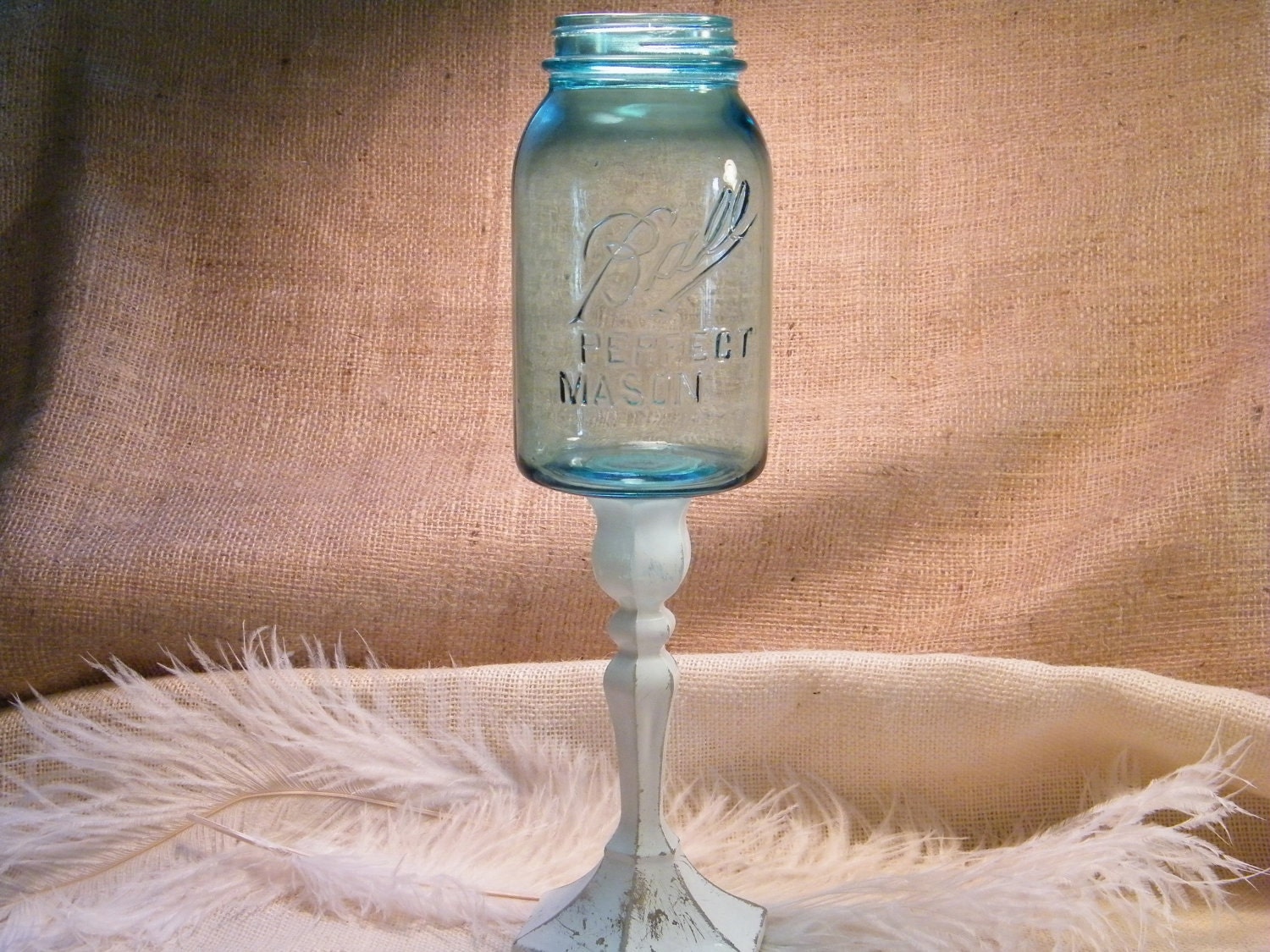 Blue Ball Mason Jar Vase - Turquoise Aqua Storage Jar- Pedestal vases Jar - Cottage Chic - Beach Decor -Candleholder