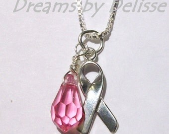 Breast Cancer Awareness Ribbon Sterling Silver and Swarovski necklace