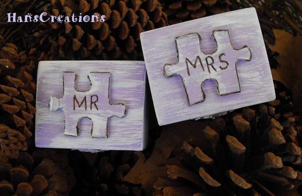 We Fit Like A Puzzle Mr & Mrs Ring Bearer Boxes  Pick Your Colors  Antique Vintage Inspired Cottage Chic  Alternative Ring Pillow