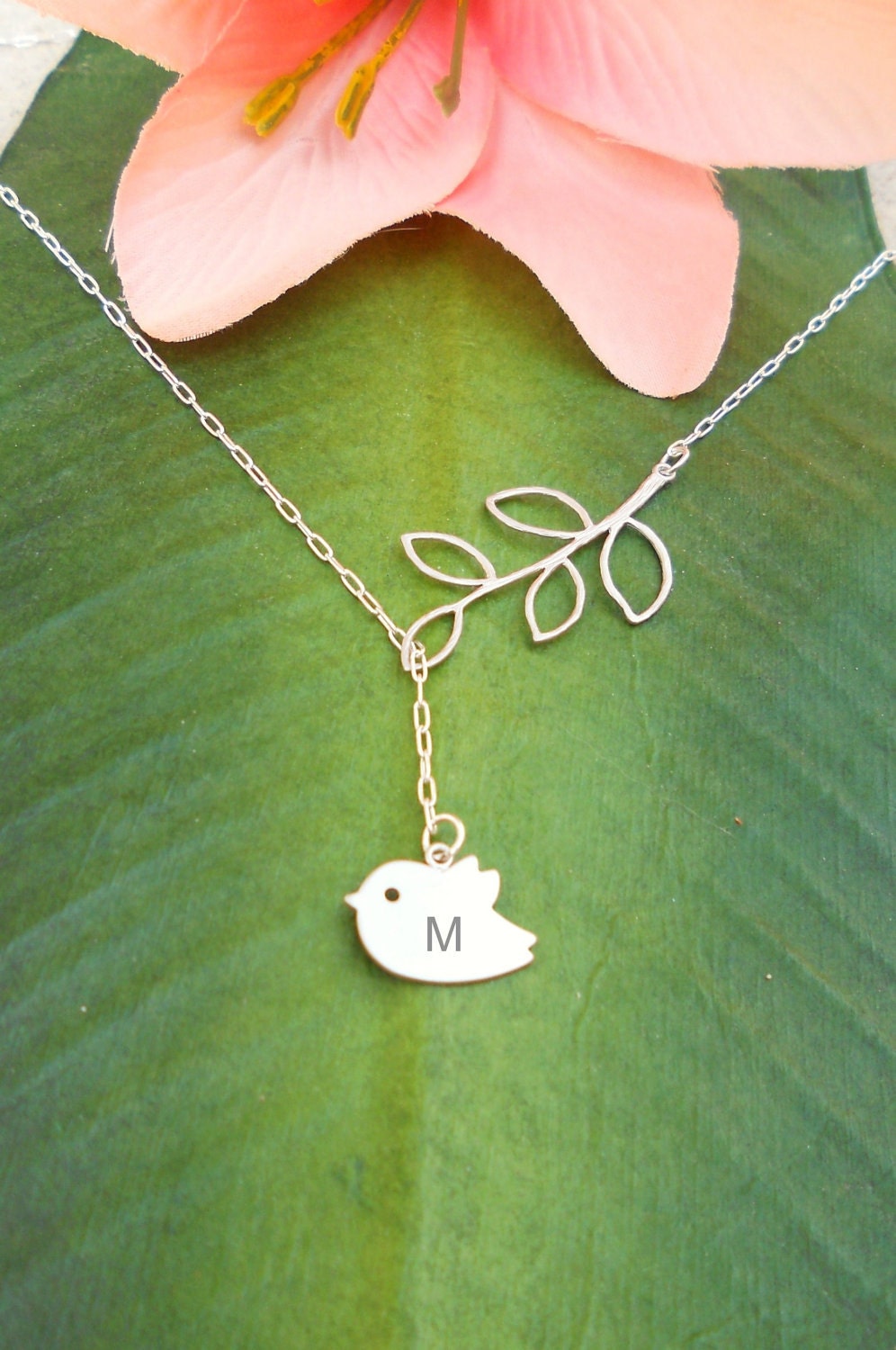 Personalized Initials - Matte Silver Baby Bird Skylark With Branch  Lariat Necklace, handmade jewelry