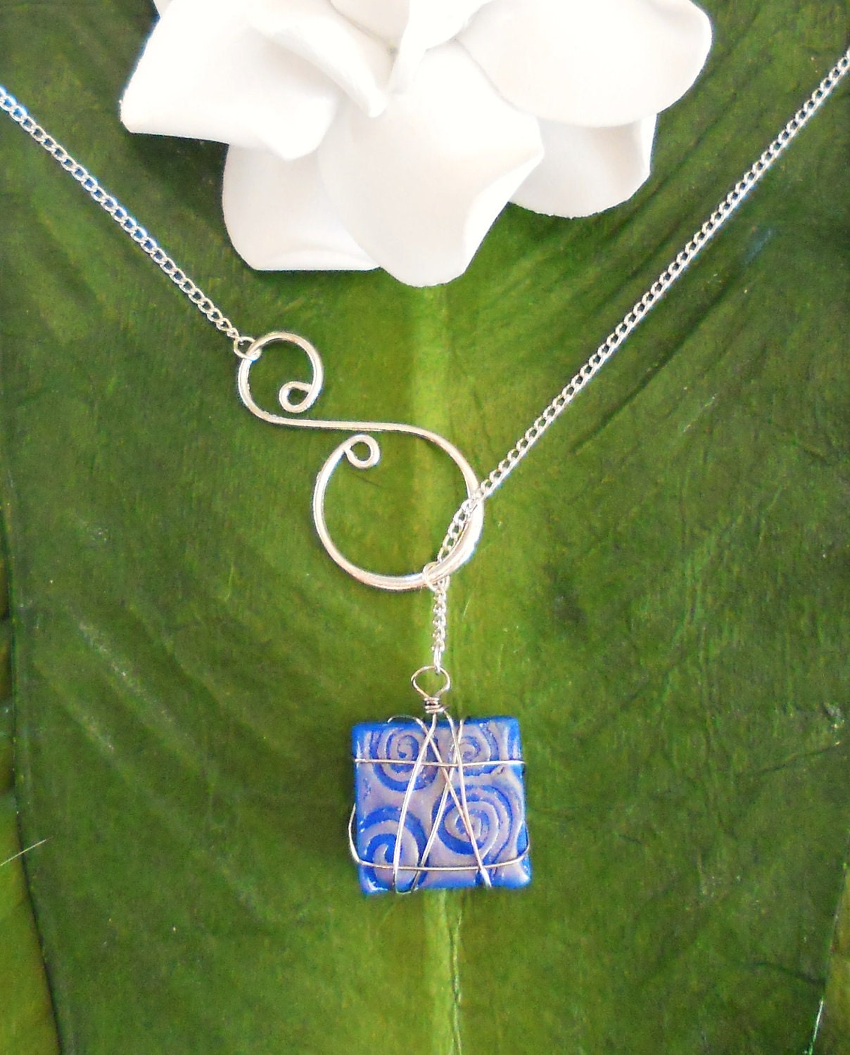 Silver Swirl with Blue Polymer Clay Wire Wrapped Pendant, handmade jewelry