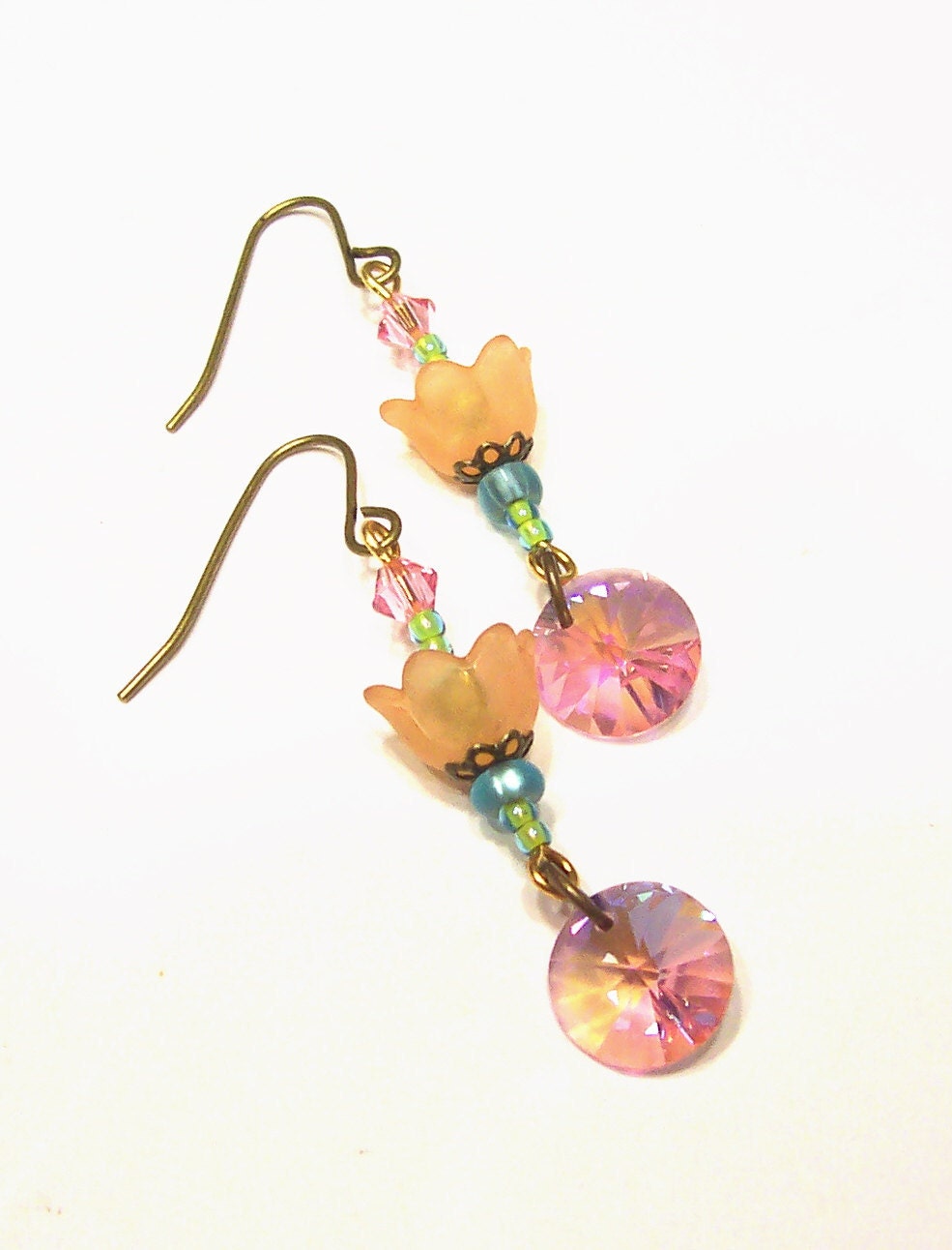 Beautiful Spring Garden Earrings with Pastel Peach Flowers and Vintage Pink Crystals