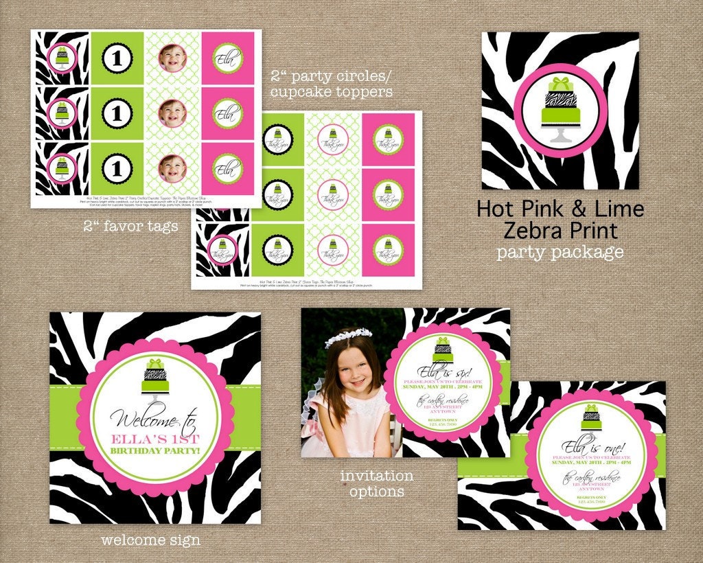 Custom Printable Hot Pink and Lime Green Zebra Print Birthday Party Package Il_170x135