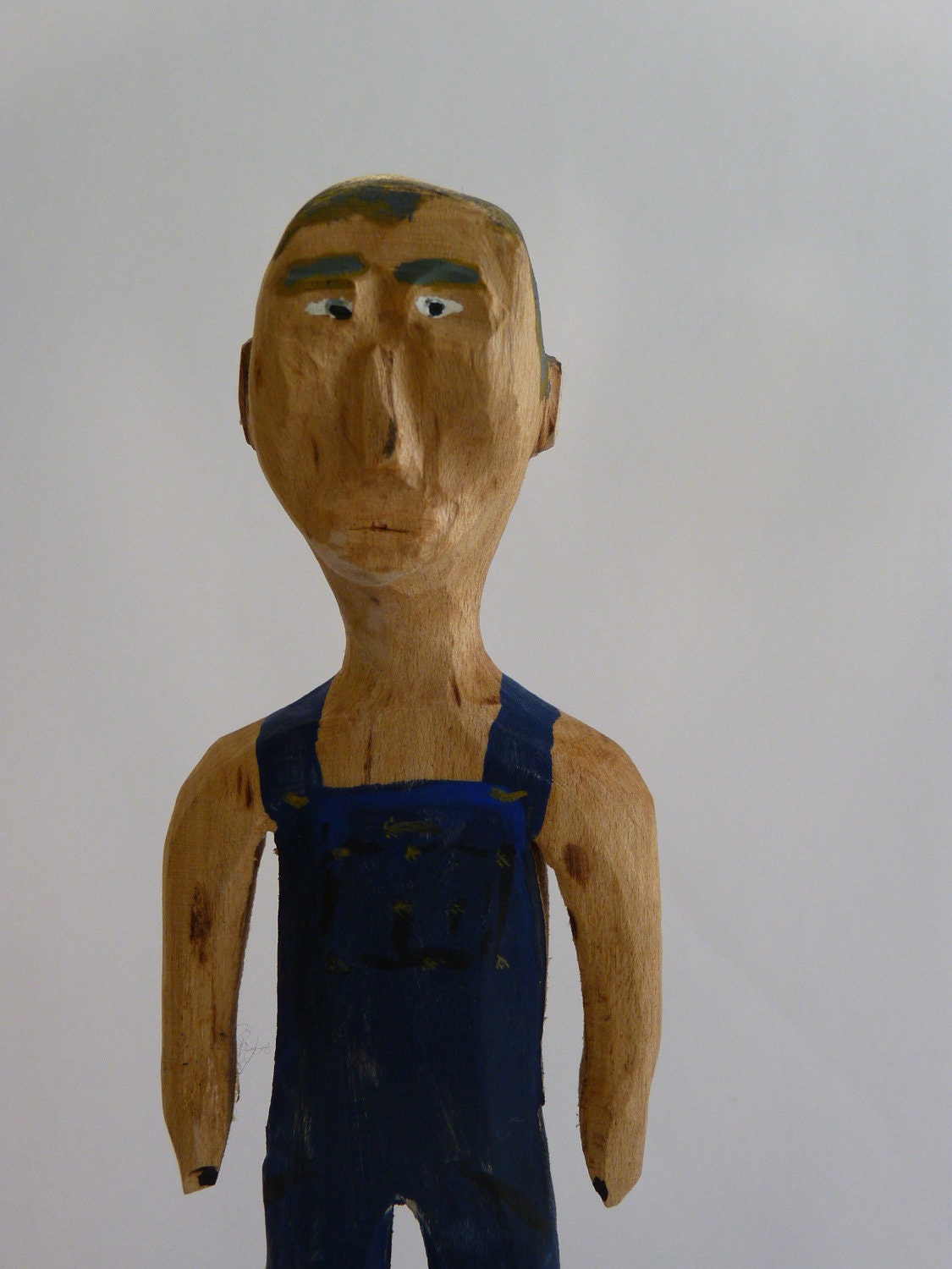 Primitive Folk Art Wood Carving Paw Paw Man ,Old Farmer with Overalls, Wormy Maple