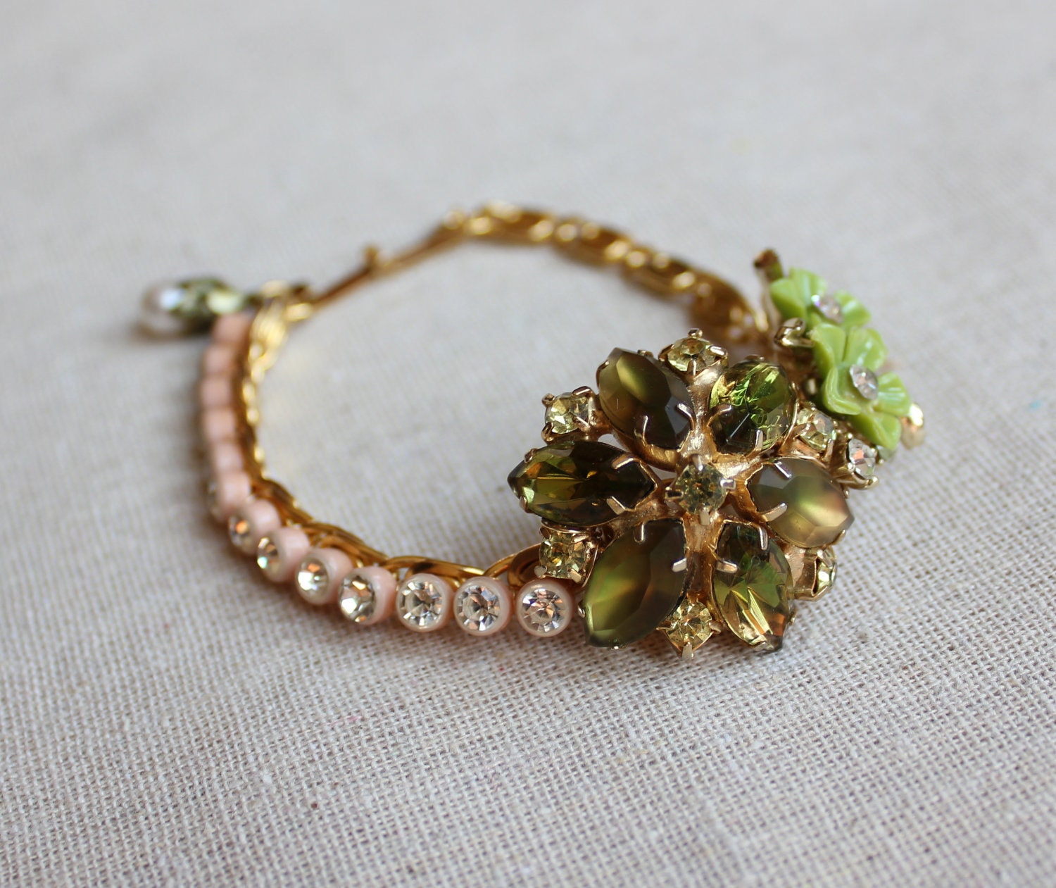 Green & Pink Vintage Rhinestone Brooch Bracelet