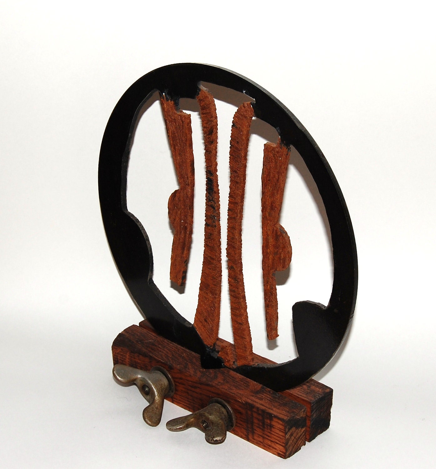 Round Steel Sculpture, Recycled Steel Tabletop Sculpture,  Metal Abstract Sculpture, Reclaimed Steel, Vintage Wood Clamp Base
