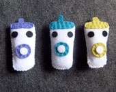 Baby shower gift - set of 3 cute felt bottle magnets (yellow, teal, purple)