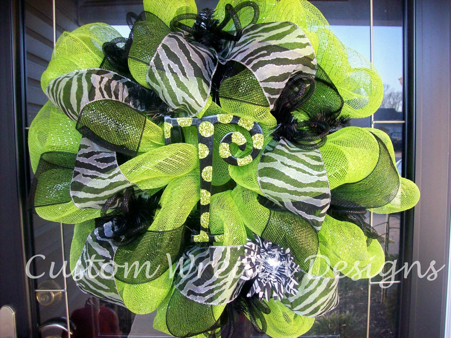 Lime Green and Black Zebra Wreath (with hand painted letter of choice)