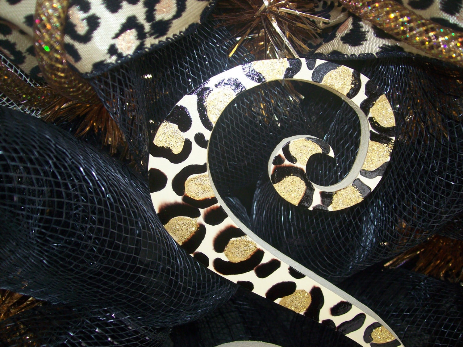 Black and Leopard Monogram Mesh Wreath