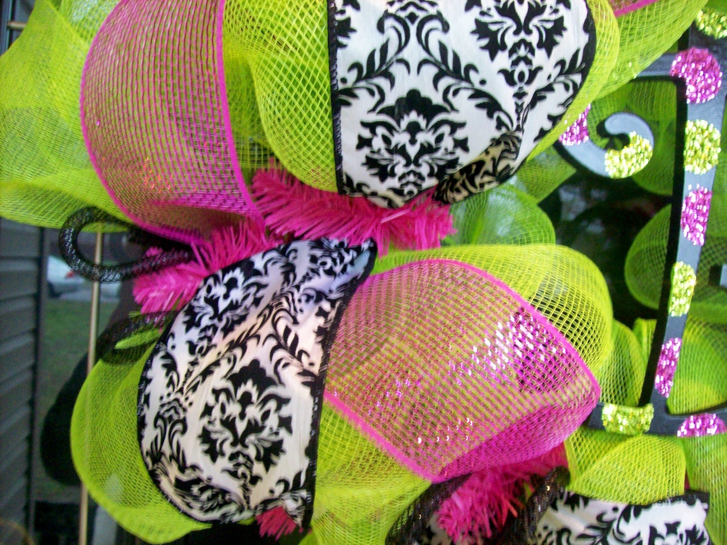 Lime and Pink with Paisley Mesh Wreath (with letter of your choice)